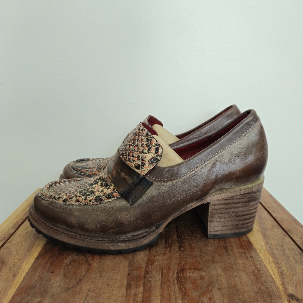 Freebird by Steven Brown Leather Block Heel Loafers with Multicolor Tweed